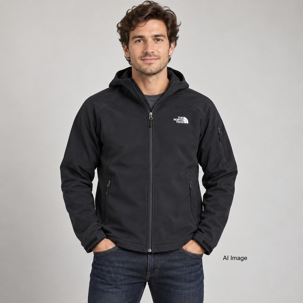 The North Face Hooded Softshell Jacket Mens Medium Black Full Zip Hiking Outdoor